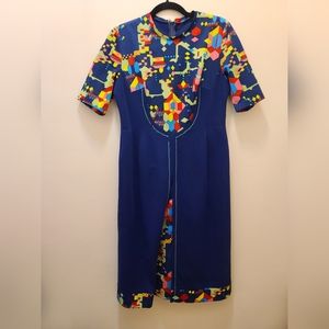 VTG 60s Mod Blue Print Dress M
